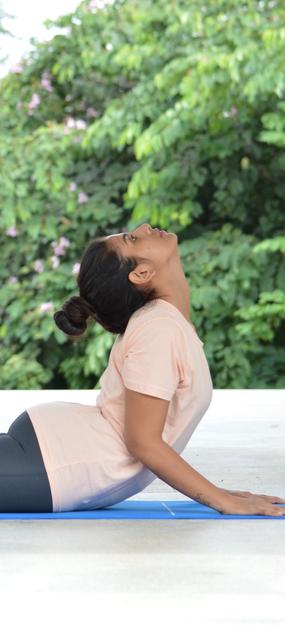 Yoga - lying on the floor on tummy with shoulder and neck stretched upwards in cobra pose